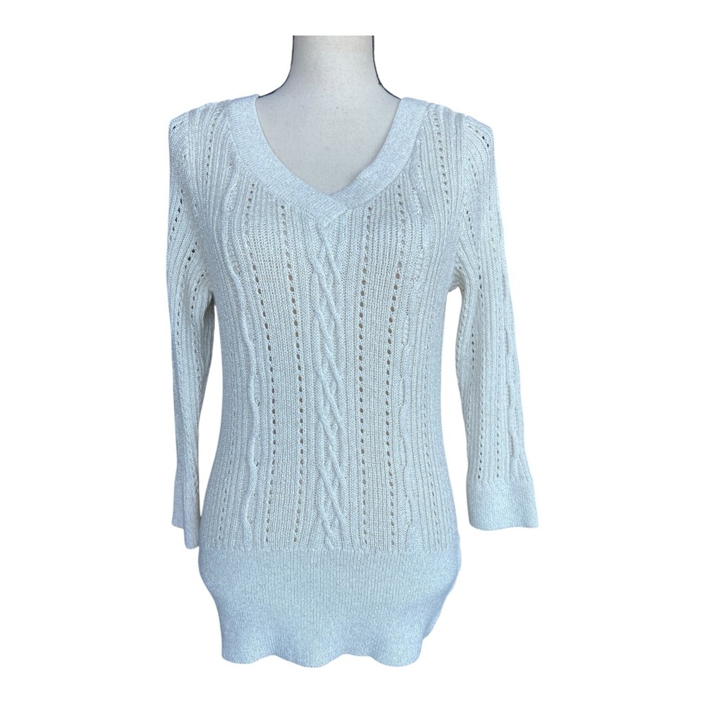 White House Black Market Glimmering Gold Thread Cable-Knit V-Neck Sweater Size L